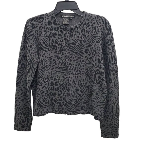 Nina Leonard Petite Women's Gray Black Animal Print Lambswool Angora Cardigan PM - Picture 1 of 5